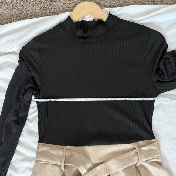 SHEIN | Black Ribbed Mock Neck Top & Beige Button-Front Midi Skirt | Size Medium - Picture 5 of 6